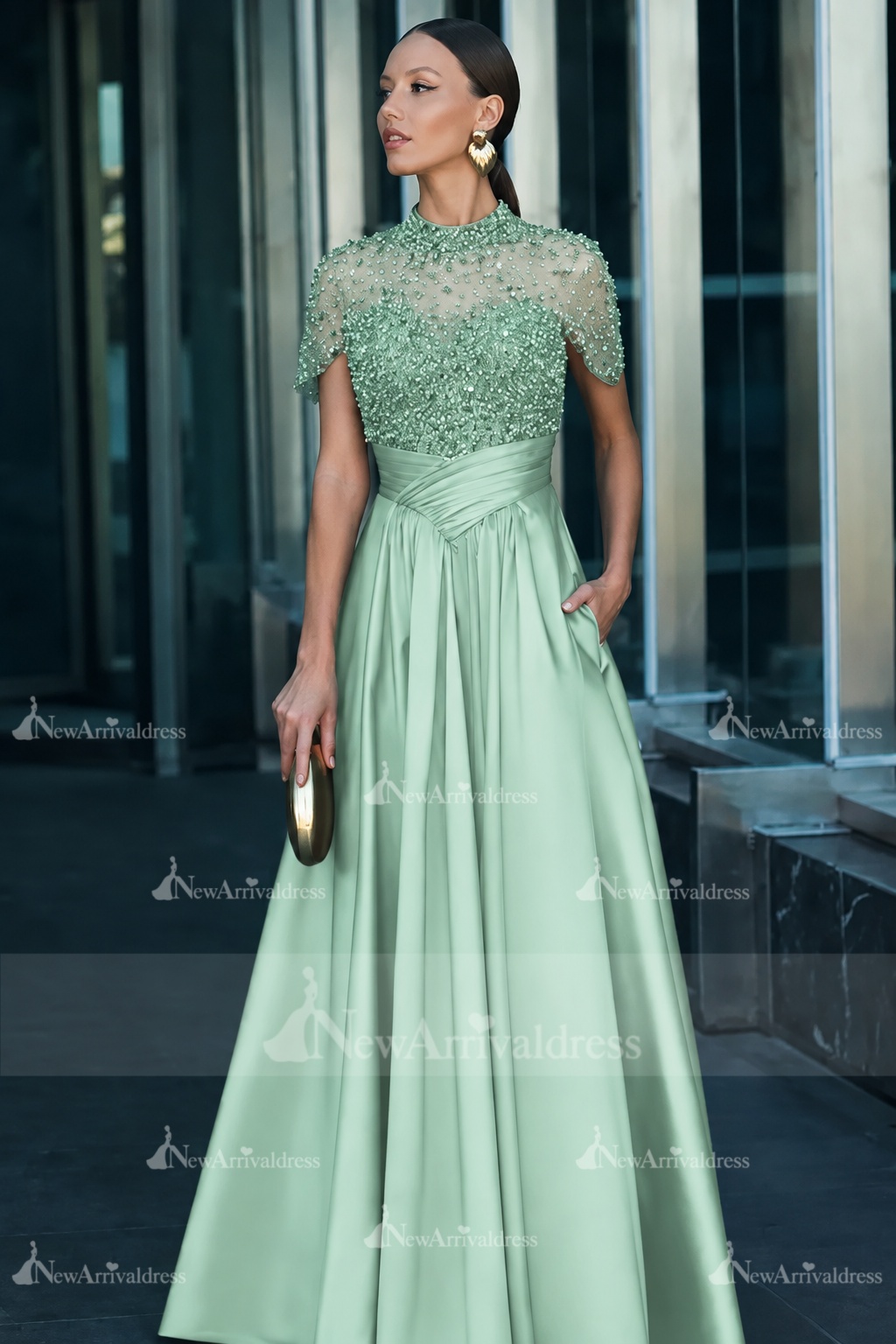 Dark Green Short Sleeves  Satin A-line Evening Dress with Beadings