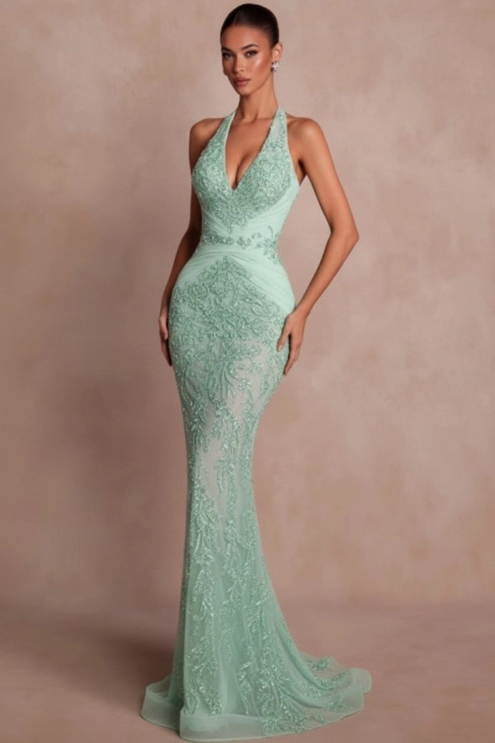 Halter Dark Green Mermaid Prom Dress Glitter Sequins Evening Gown with Lace Appliques