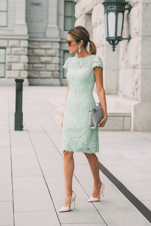 Lace Blushing Pink Formal Dresses | Knee Length Wedding Party Dress Online