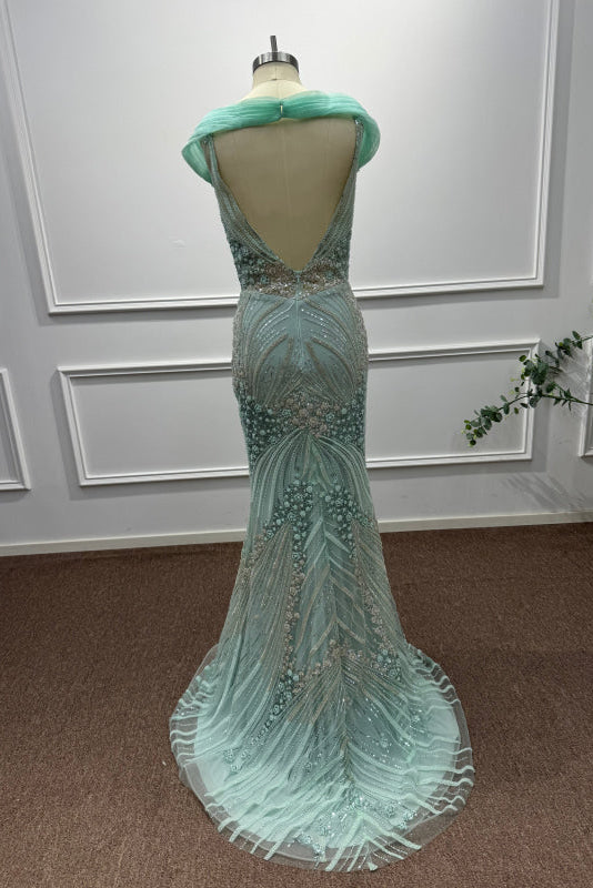 Mint Off-the-Shoulder Sequins Mermaid Prom Dress - Prom Dresses