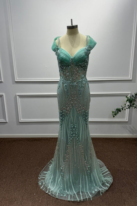 Mint Off-the-Shoulder Sequins Mermaid Prom Dress - Prom Dresses