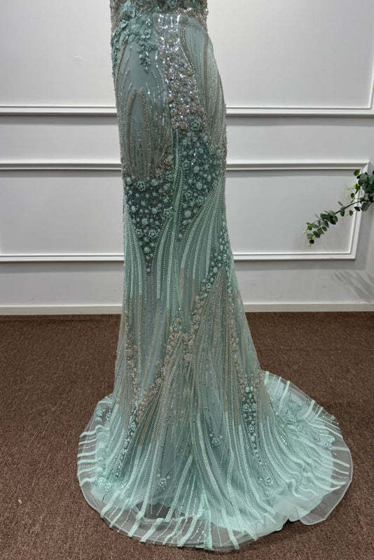 Mint Off-the-Shoulder Sequins Mermaid Prom Dress - Prom Dresses