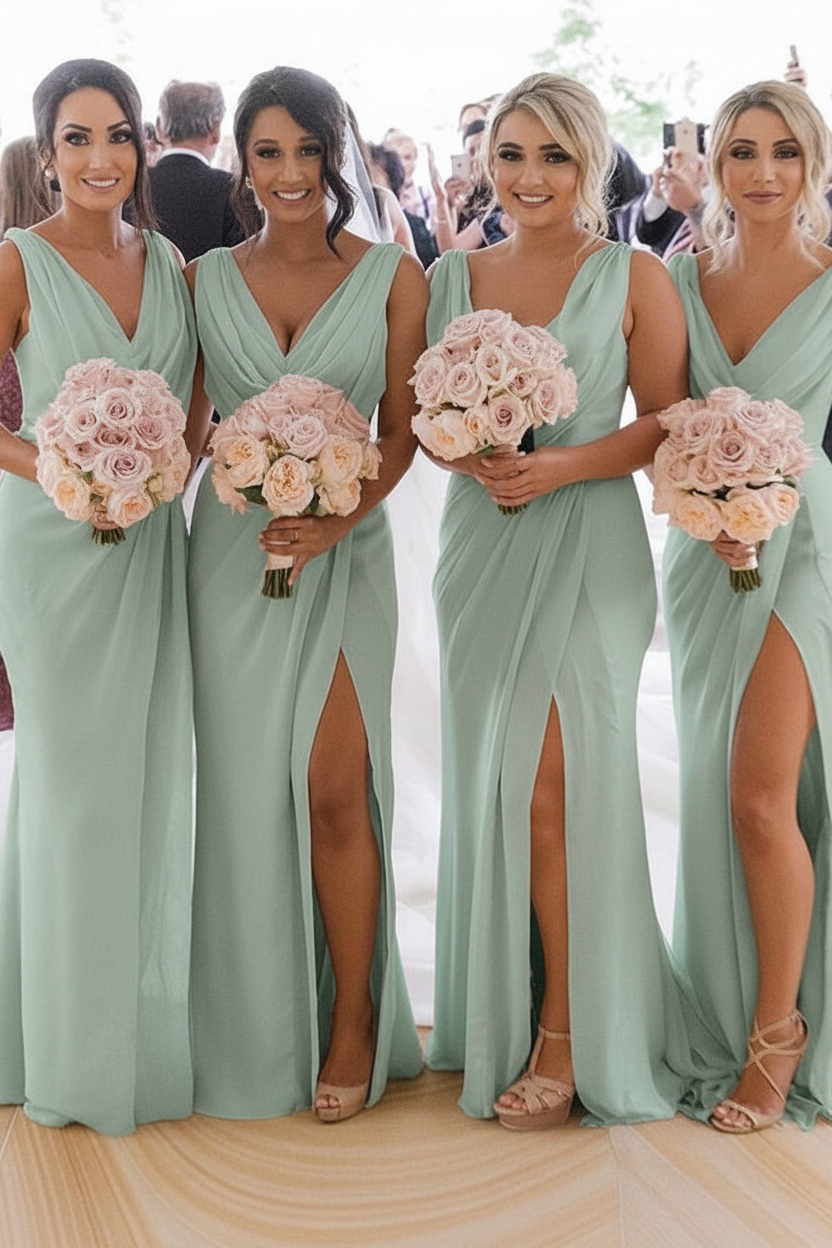 Elegant Chiffon Long Bridesmaid Dress Sleeveless Side Slit Wedding Guest Dress