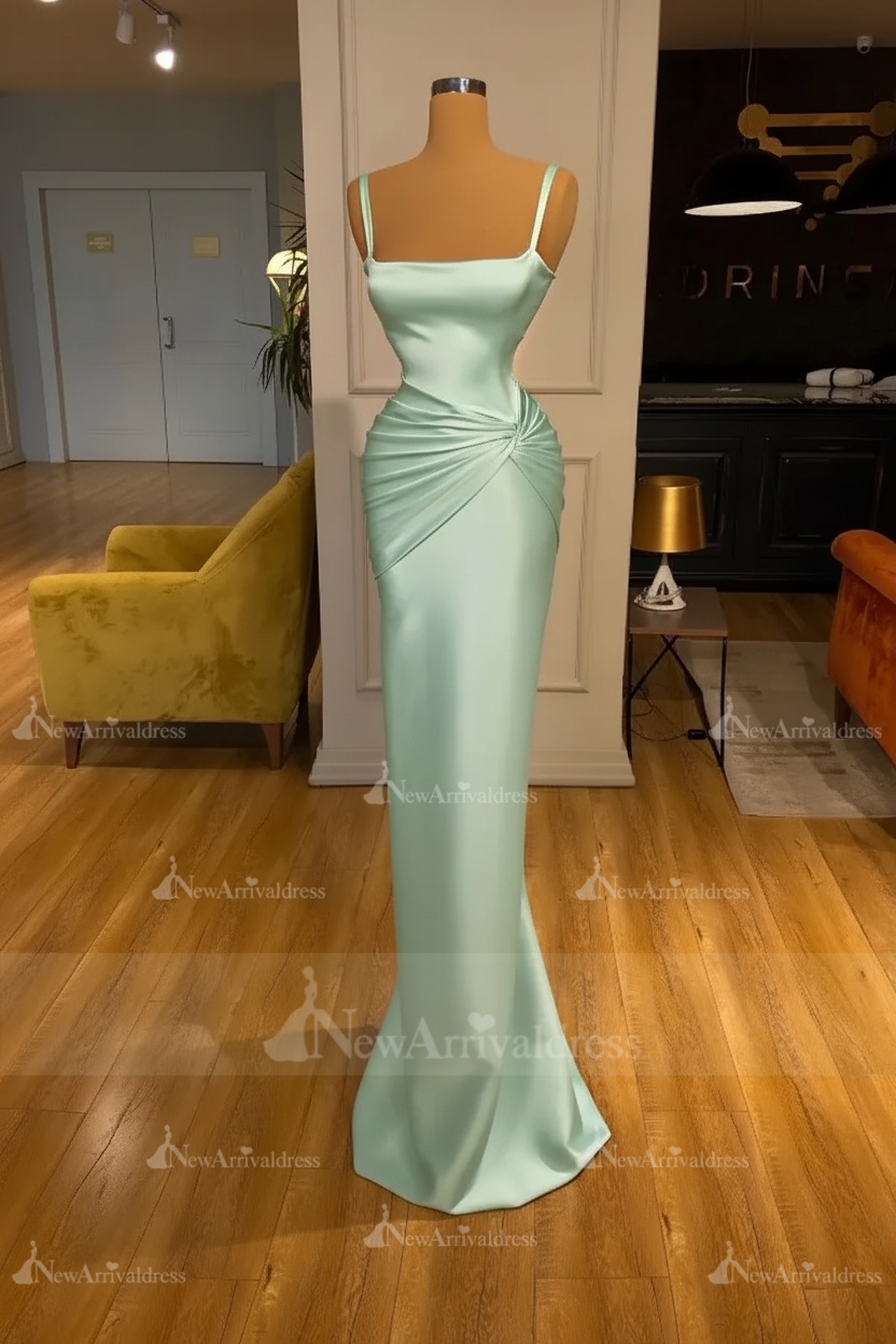 Chic Sky Blue Square Neck Slim Evening Party Wear Dress Sleeveless Satin Prom Dress