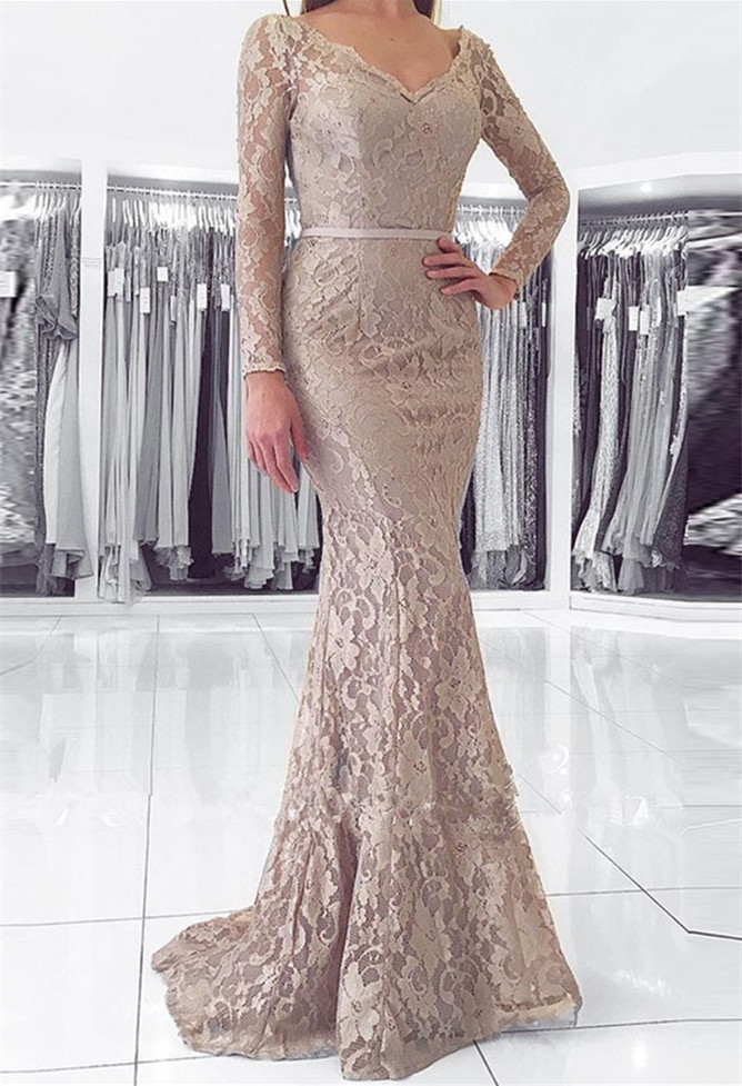Modern Long Sleeve Mermaid Lace Long Prom Dress