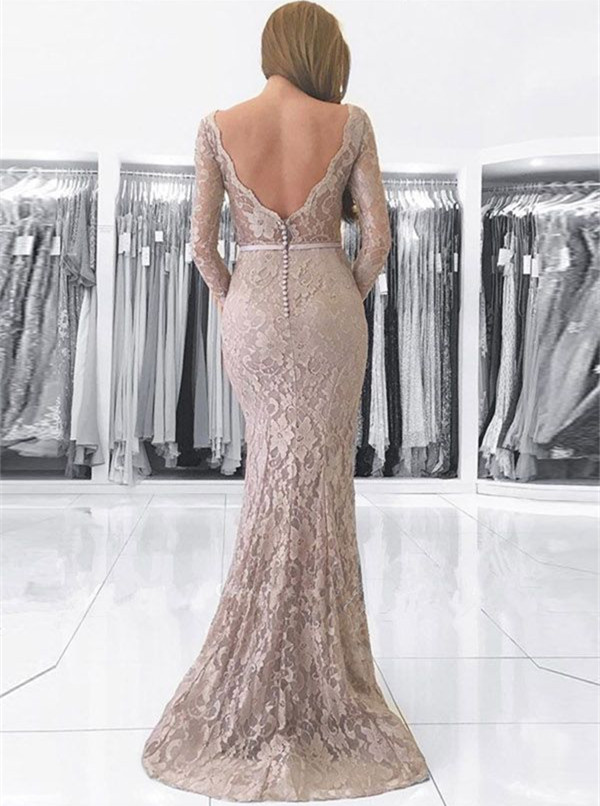 Modern Long Sleeve Mermaid Lace Long Prom Dress