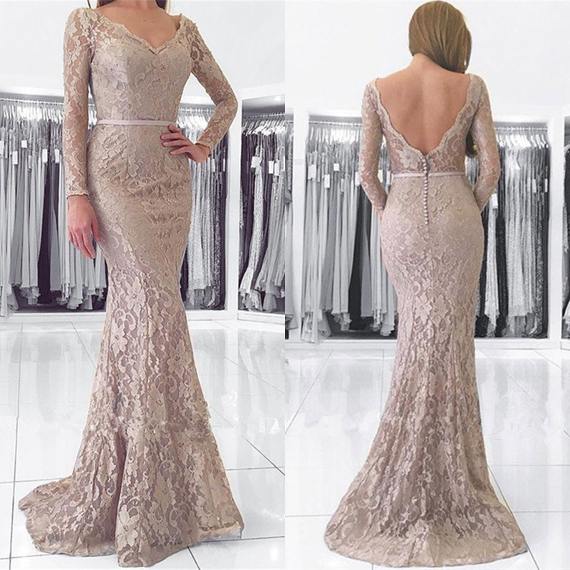 Modern Long Sleeve Mermaid Lace Long Prom Dress