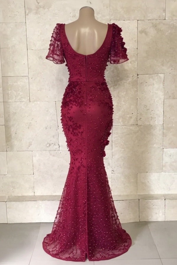 Mordern V-Neck Short Sleeves Beads Flower Sexy Mermaid Floor-Length Prom Dresses
