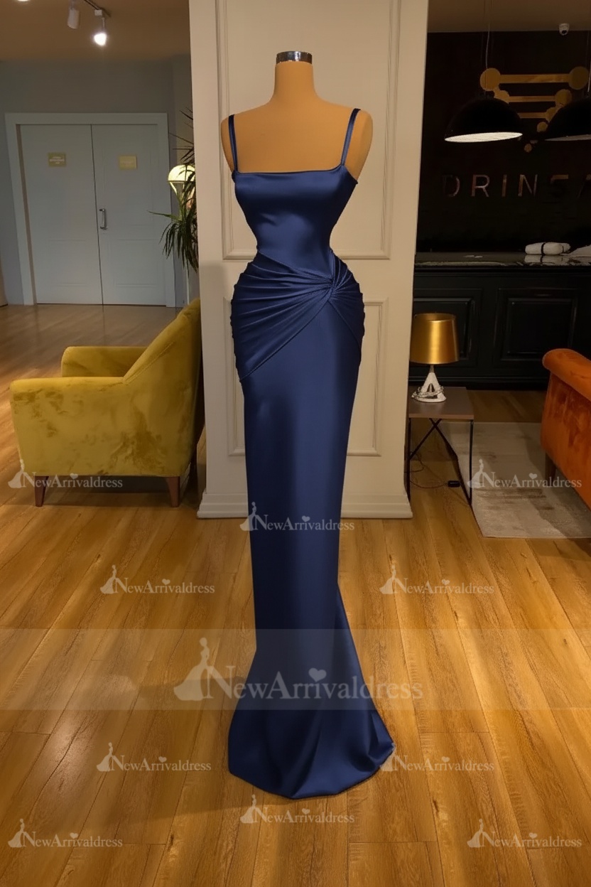 Chic Sky Blue Square Neck Slim Evening Party Wear Dress Sleeveless Satin Prom Dress