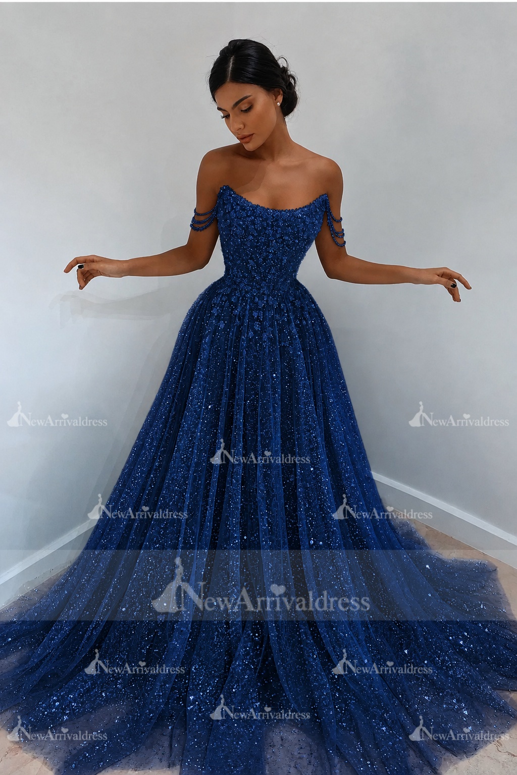 Beautiful Long A-line Sweetheart Sequined Prom Dress Off Shoulder Sky Blue Long Evening Dress