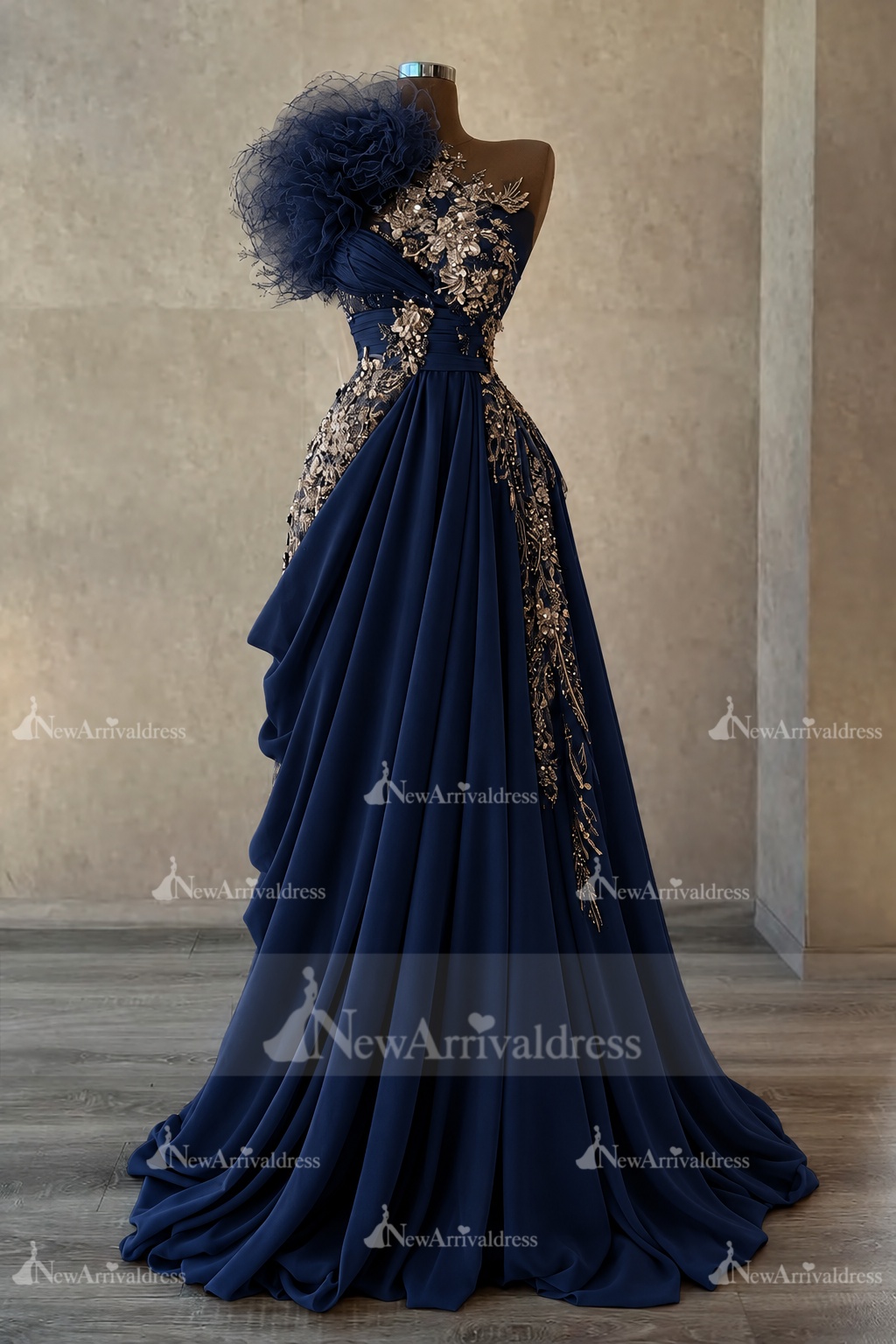 Stunning One Shoulder Flowers Ruched Satin Evening Dress Appliques Aline Party Dress