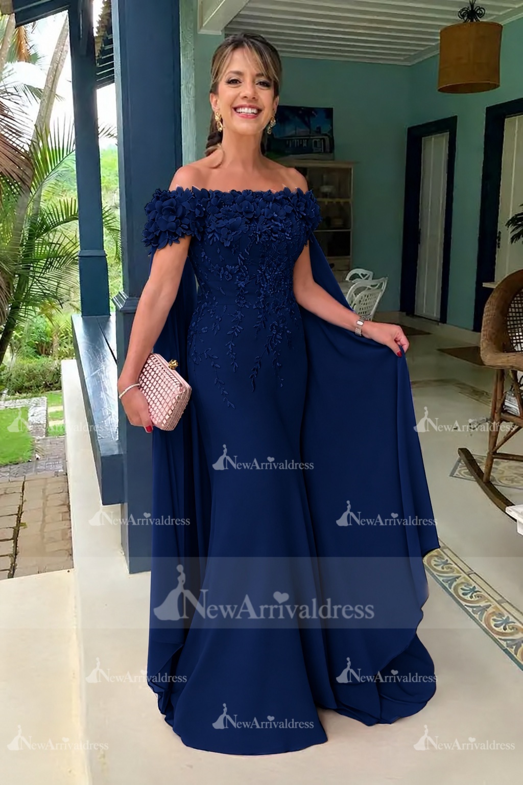 Off-the-Shoulder Pink Chiffon Flowers Long Mother of the Bride Dress with Cape