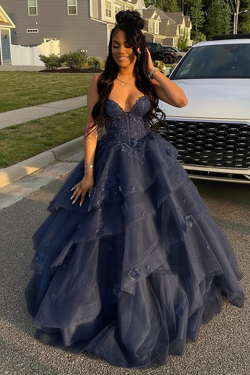Navy Blue Spaghetti Straps Tulle Aline Prom Dress Floral Tiered Ruffles Corset Formal Dress