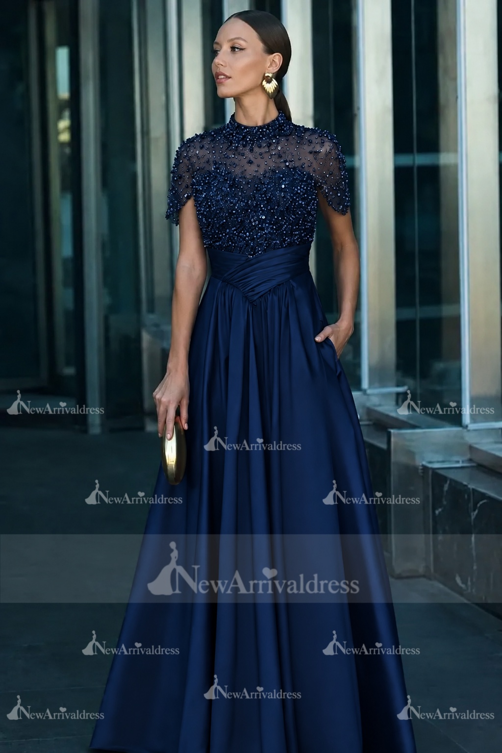 Dark Green Short Sleeves  Satin A-line Evening Dress with Beadings