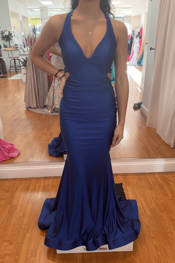 Modest Mermaid Halter V-neck Satin Open Back Prom Dress
