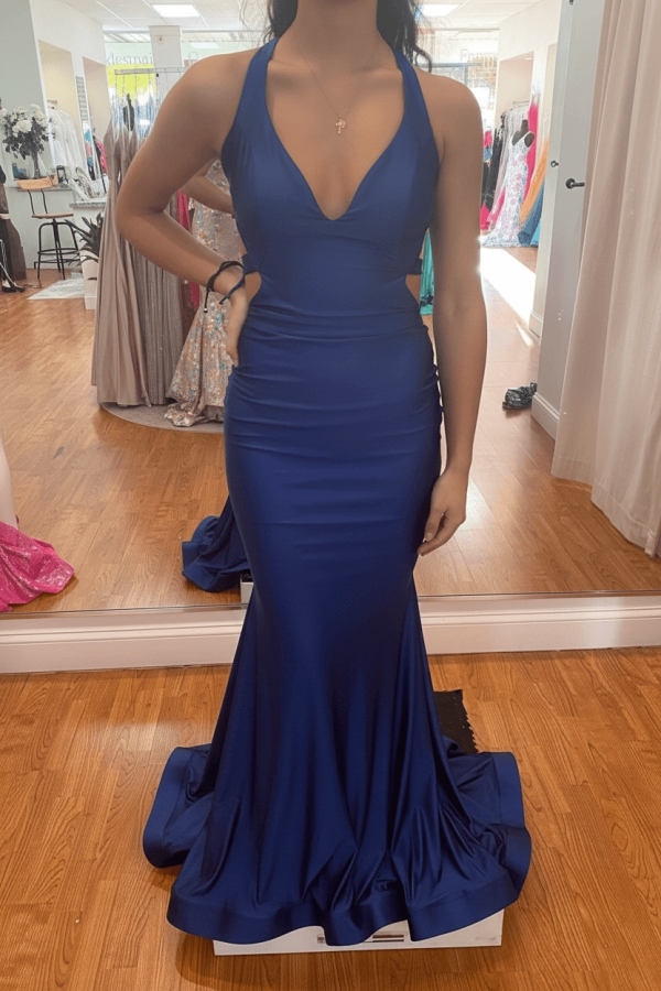 Modest Mermaid Halter V-neck Satin Open Back Prom Dress