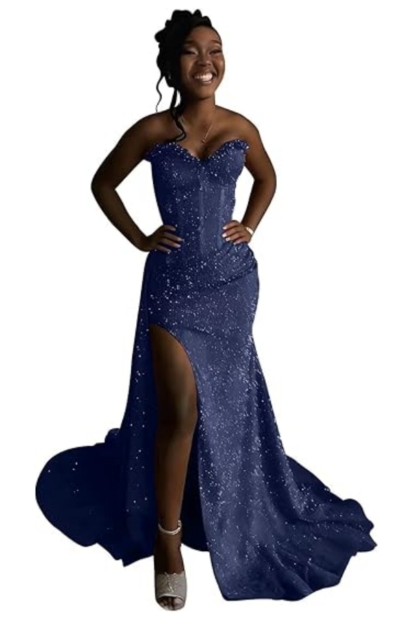 Sexy Orange Mermaid Prom Dress with Sequins High Split Strapless Long Party Dress