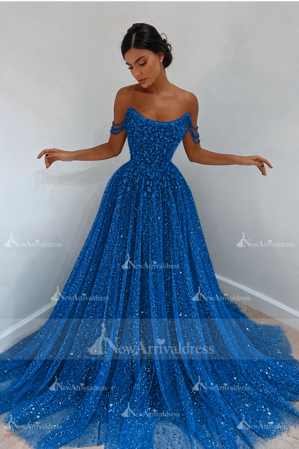 Beautiful Long A-line Sweetheart Sequined Prom Dress Off Shoulder Sky Blue Long Evening Dress