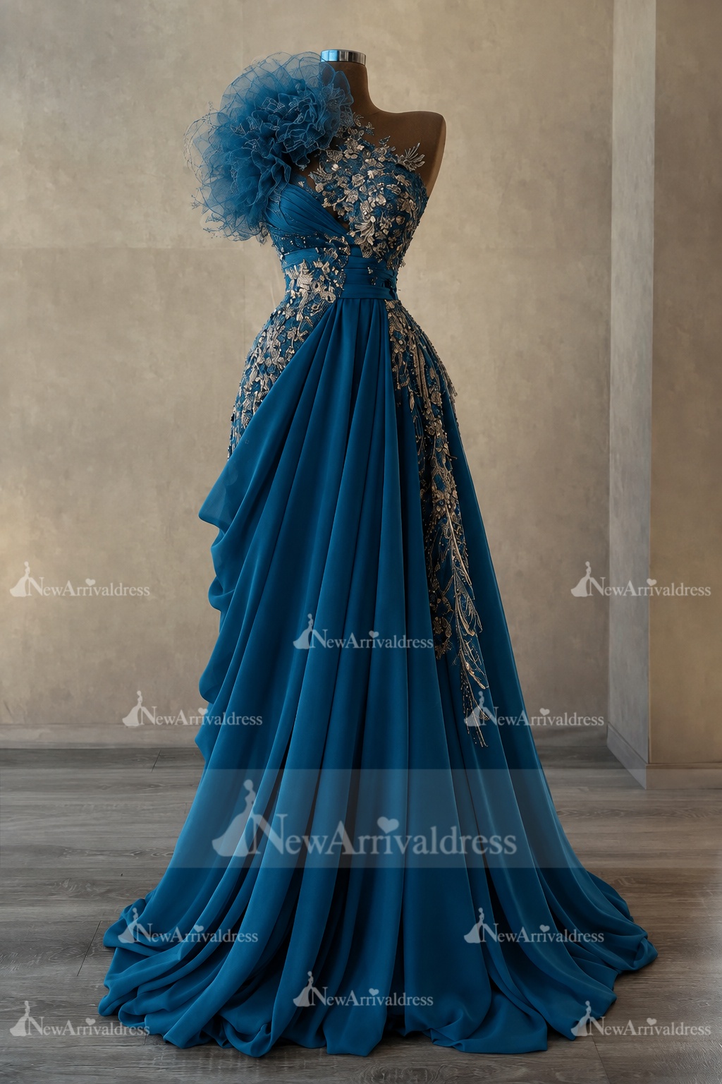 Stunning One Shoulder Flowers Ruched Satin Evening Dress Appliques Aline Party Dress