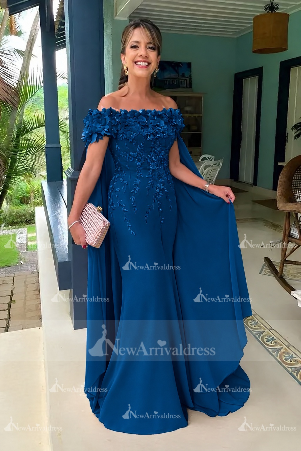 Off-the-Shoulder Pink Chiffon Flowers Long Mother of the Bride Dress with Cape