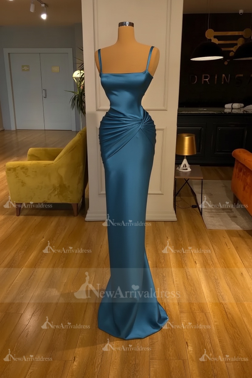Chic Sky Blue Square Neck Slim Evening Party Wear Dress Sleeveless Satin Prom Dress