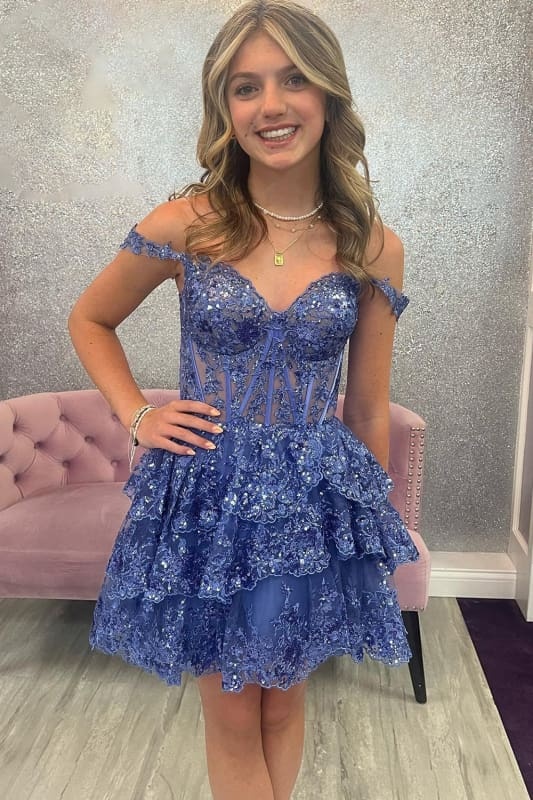 Sparkly Red Corset Tiered Lace A-Line Short Homecoming Prom Dress