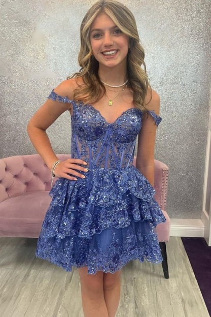 Sparkly Red Corset Tiered Lace A-Line Short Homecoming Prom Dress
