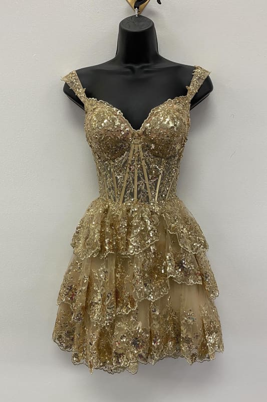 Sparkly Red Corset Tiered Lace A-Line Short Homecoming Prom Dress