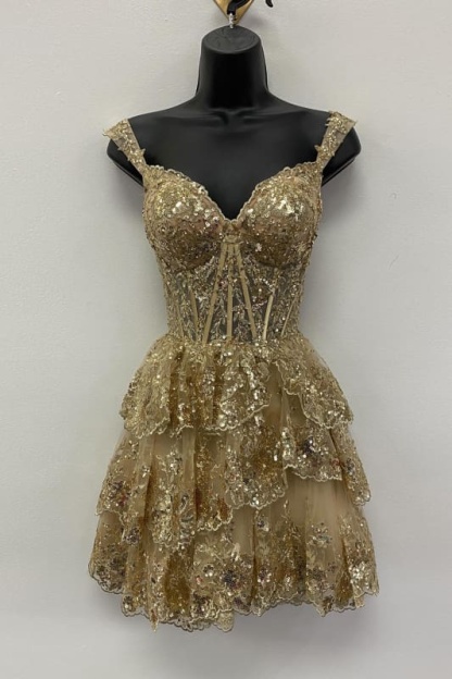 Sparkly Red Corset Tiered Lace A-Line Short Homecoming Prom Dress