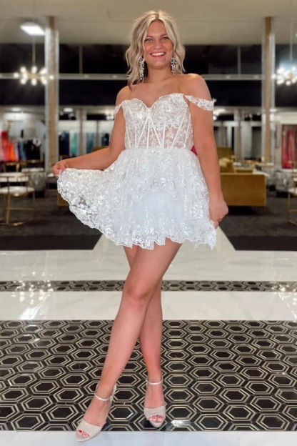 Sparkly Red Corset Tiered Lace A-Line Short Homecoming Prom Dress