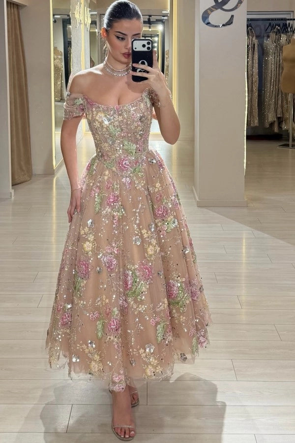 Off-the-Shoulder Tulle Floral Prom Dress Tea Length Aline Formal Dress with Beadings