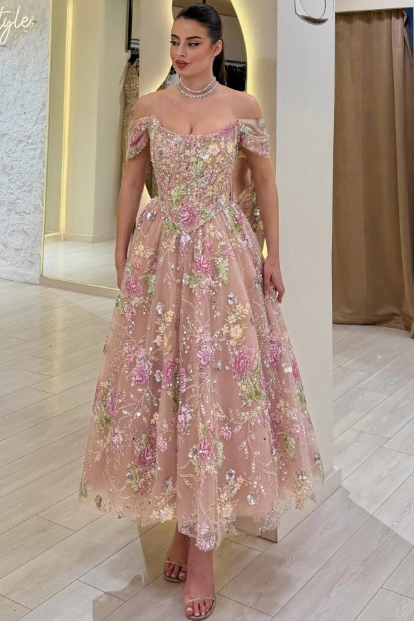 Off-the-Shoulder Tulle Floral Prom Dress Tea Length Aline Formal Dress with Beadings