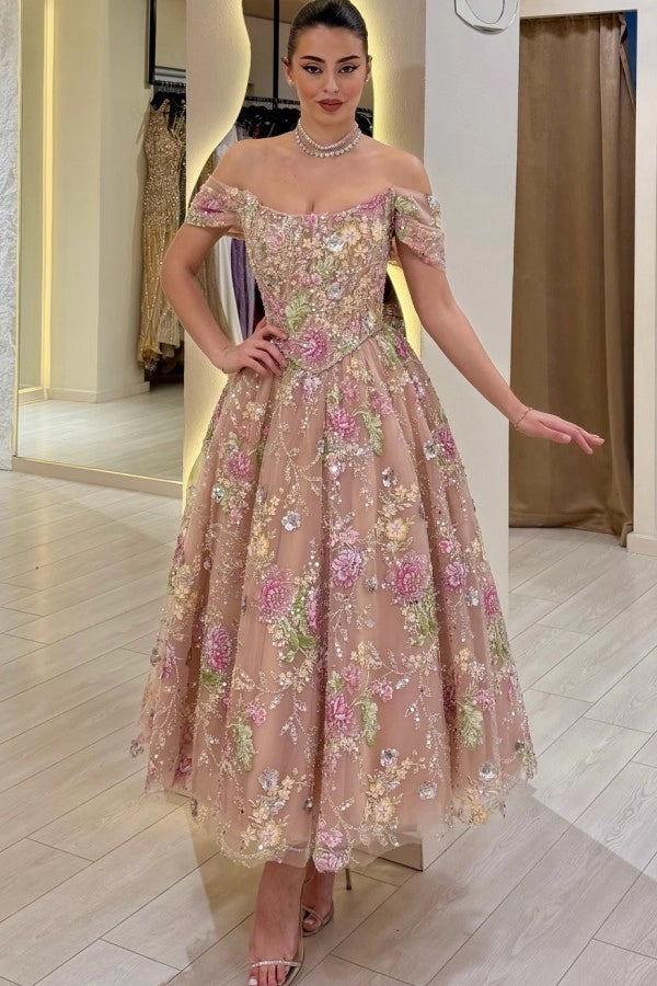 Off-the-Shoulder Tulle Floral Prom Dress Tea Length Aline Formal Dress with Beadings