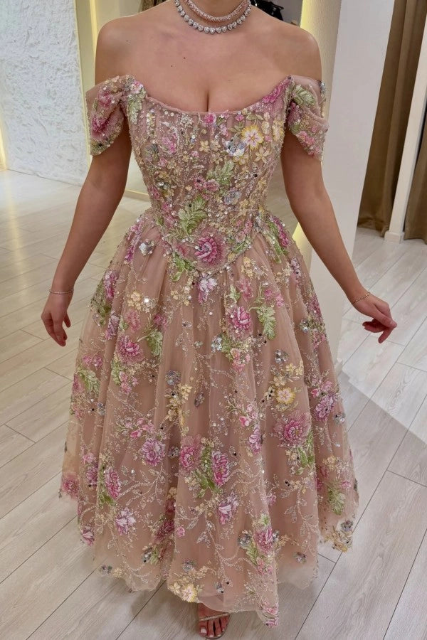 Off-the-Shoulder Tulle Floral Prom Dress Tea Length Aline Formal Dress with Beadings