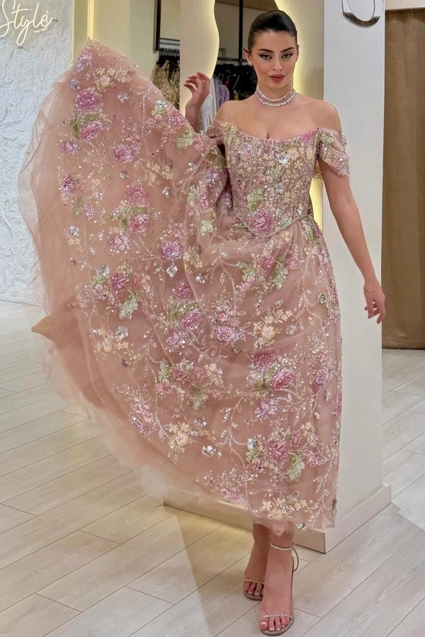 Off-the-Shoulder Tulle Floral Prom Dress Tea Length Aline Formal Dress with Beadings
