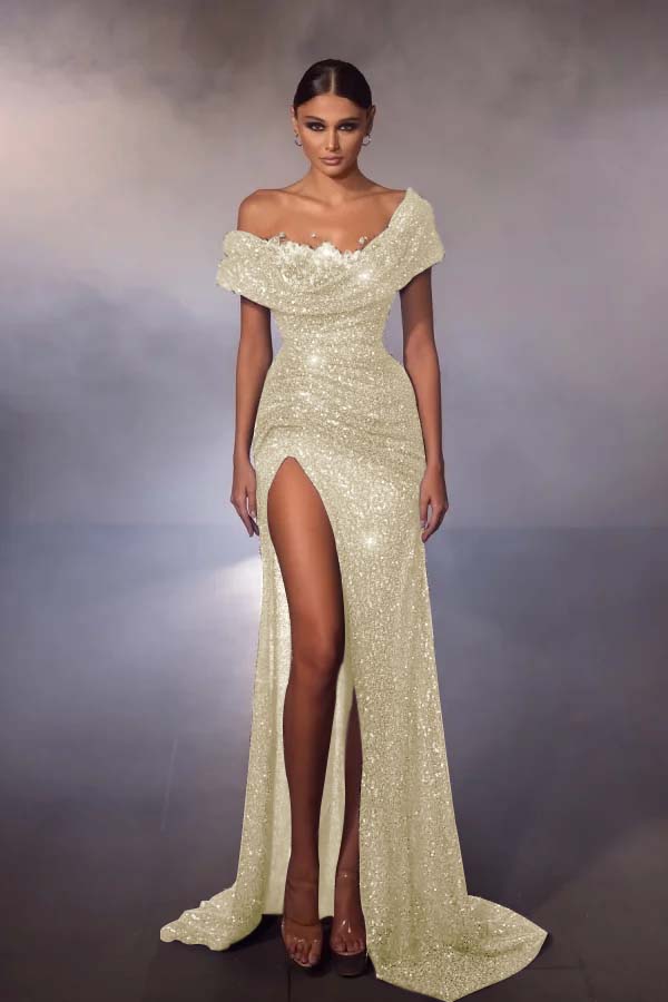 Off-the-Shoulder Glitter Sequins Front Split Evening Dresses