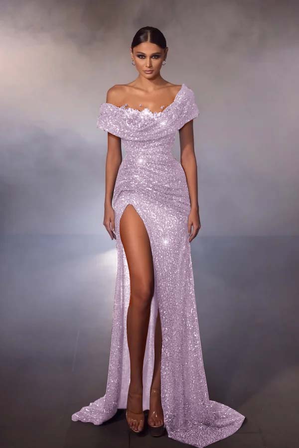 Off-the-Shoulder Glitter Sequins Front Split Evening Dresses
