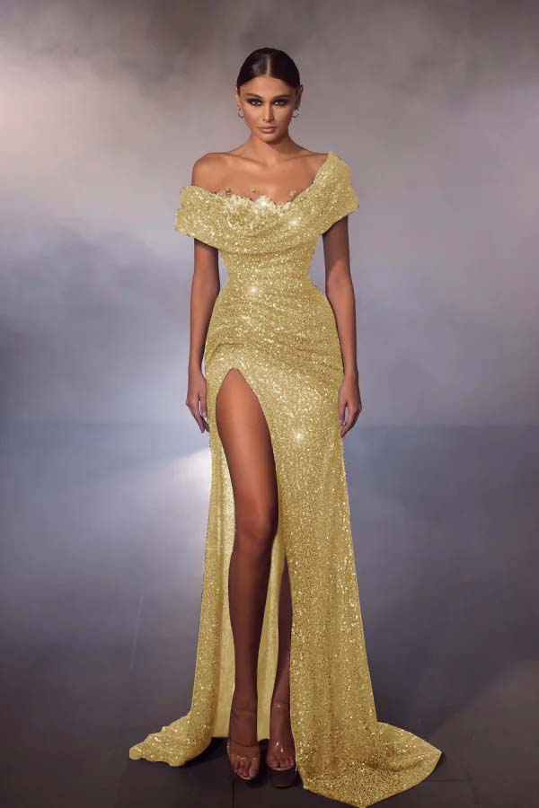 Off-the-Shoulder Glitter Sequins Front Split Evening Dresses