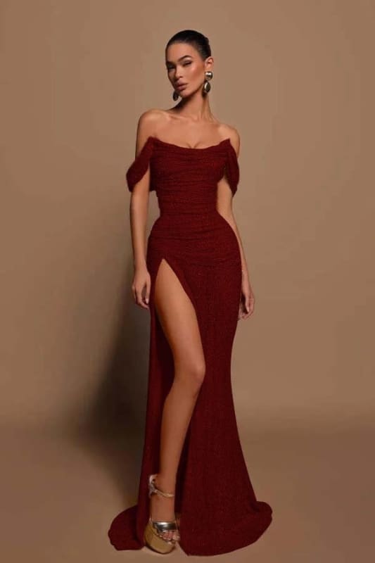 Off-the-shoulder High Slit Sequins Prom Dress Strapless Long Evening Dress