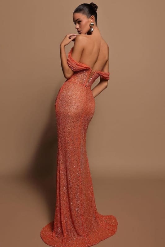 Off-the-shoulder High Slit Sequins Prom Dress Strapless Long Evening Dress