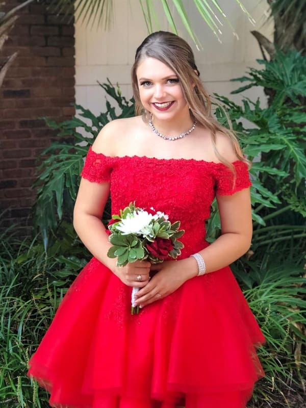 Off the Shoulder Layered Red Lace Homecoming Dresses-newarrivaldress