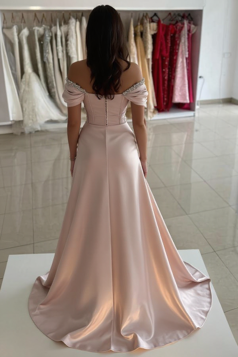 Off-the-Shoulder Satin Prom Dress with Side Split Beadings Long Evening Gowns