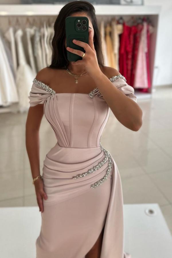 Off-the-Shoulder Satin Prom Dress with Side Split Beadings Long Evening Gowns