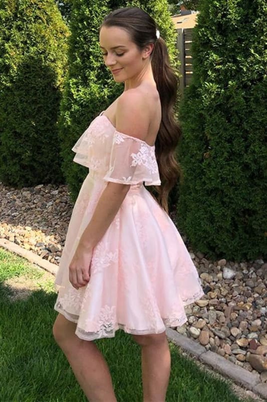 Off the Shoulder Pink Lace Short Homecoming Dresses-newarrivaldress