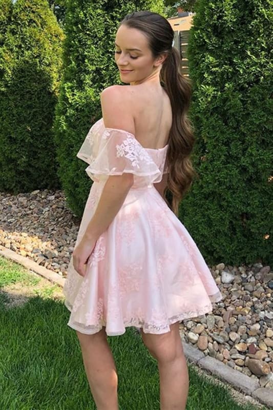 Off the Shoulder Pink Lace Short Homecoming Dresses-newarrivaldress