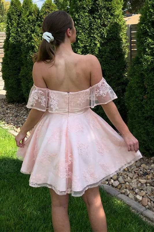 Off the Shoulder Pink Lace Short Homecoming Dresses-newarrivaldress