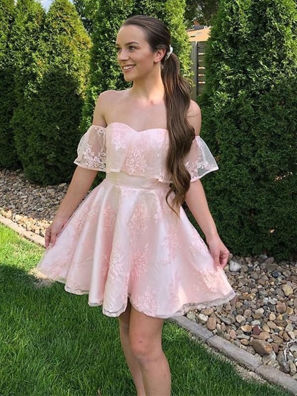 Off the Shoulder Pink Lace Short Homecoming Dresses-newarrivaldress
