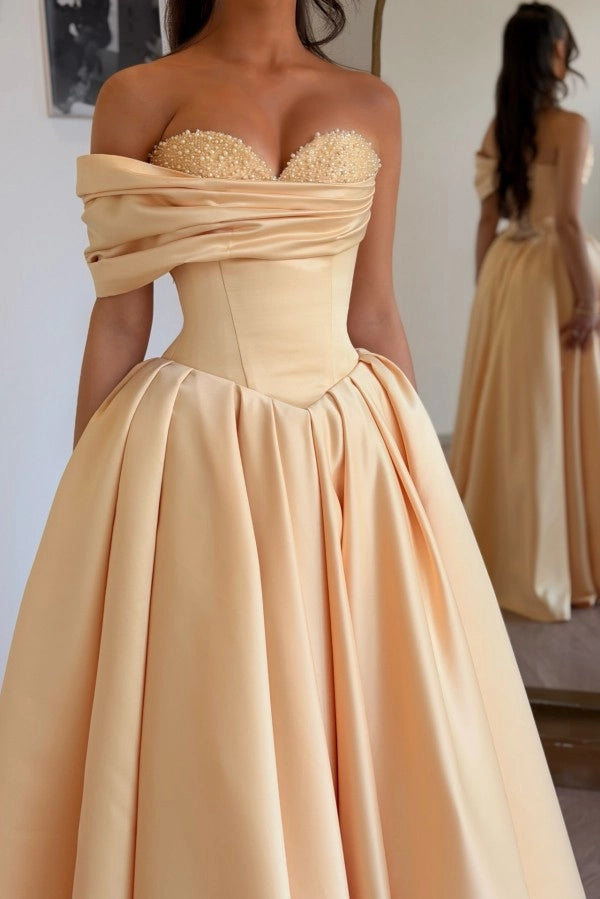 Off Shoulder Sweetheart Ruffles Satin Aline Evening Dress with Pearls