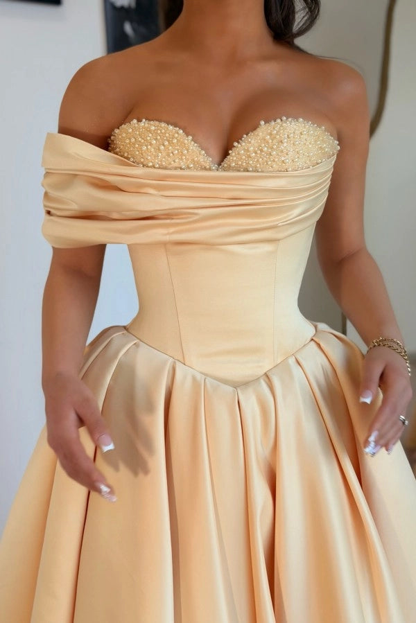 Off Shoulder Sweetheart Ruffles Satin Aline Evening Dress with Pearls