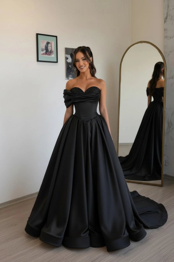 Black Off Shoulder Sweetheart Ruffles Satin Aline Evening Dress with Pearls